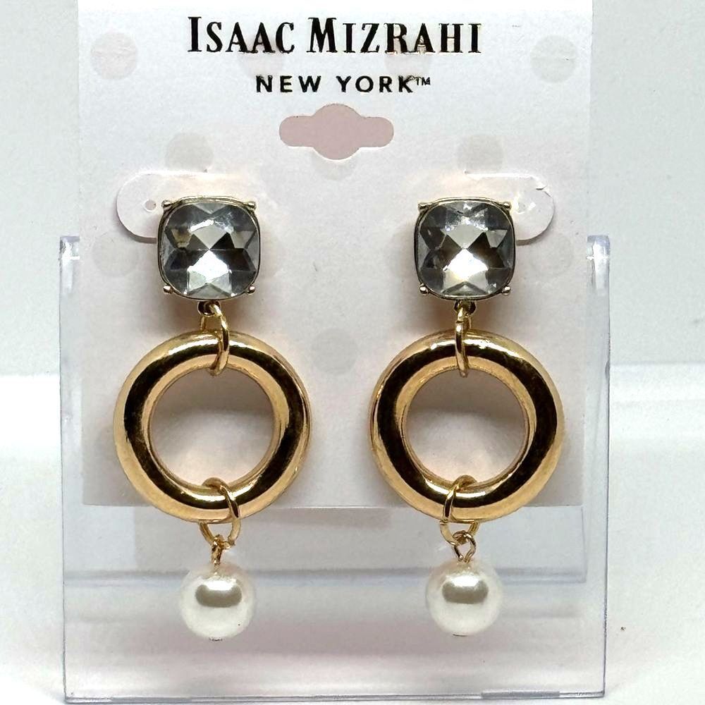 NWT Isaac Mizrahi Gold Tone Crystal Faux Pearl Circle Drop Earrings 2"
